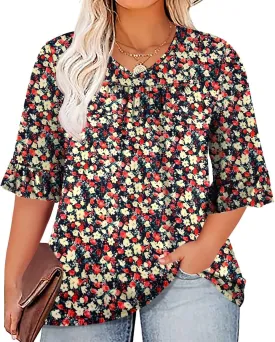 DOLNINE Plus-Size-Tops for Women Flowy Pleating V Neck Shirts Cute Ruffle 3/4 Length Sleeve Tunics Dressy Casual Blouses