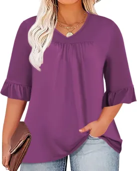 DOLNINE Plus-Size-Tops for Women Flowy Pleating V Neck Shirts Cute Ruffle 3/4 Length Sleeve Tunics Dressy Casual Blouses