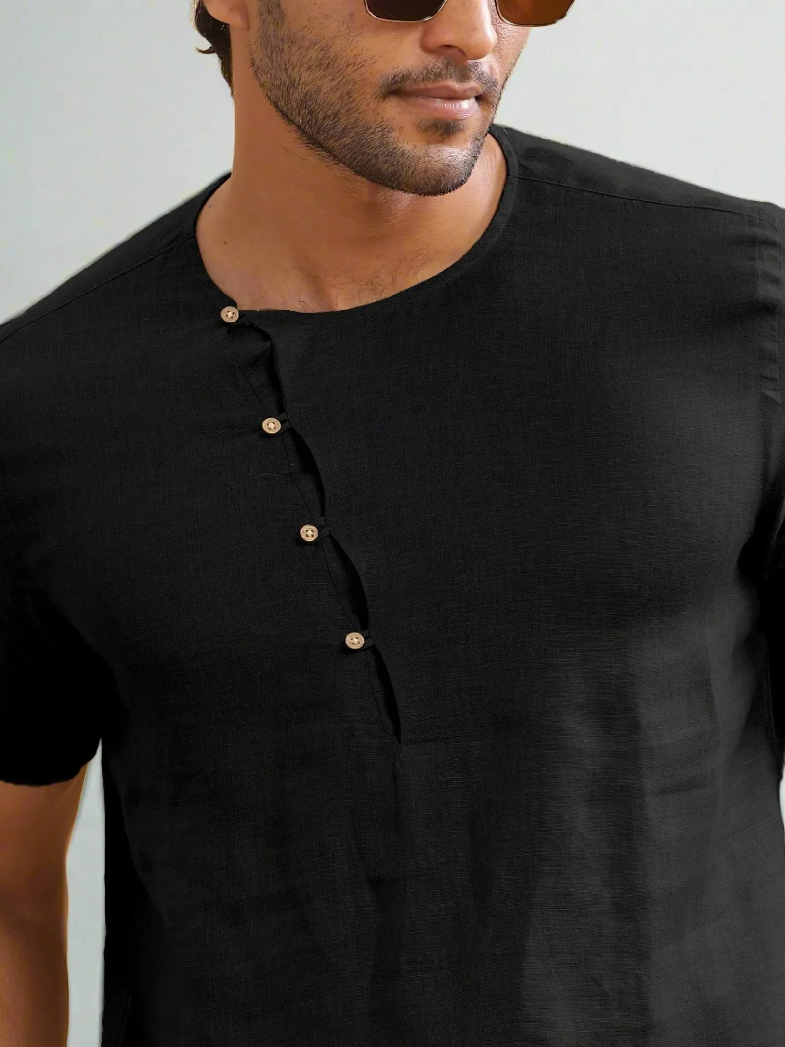 Evan - Pure Linen Short Sleeve T-Shirt - Black