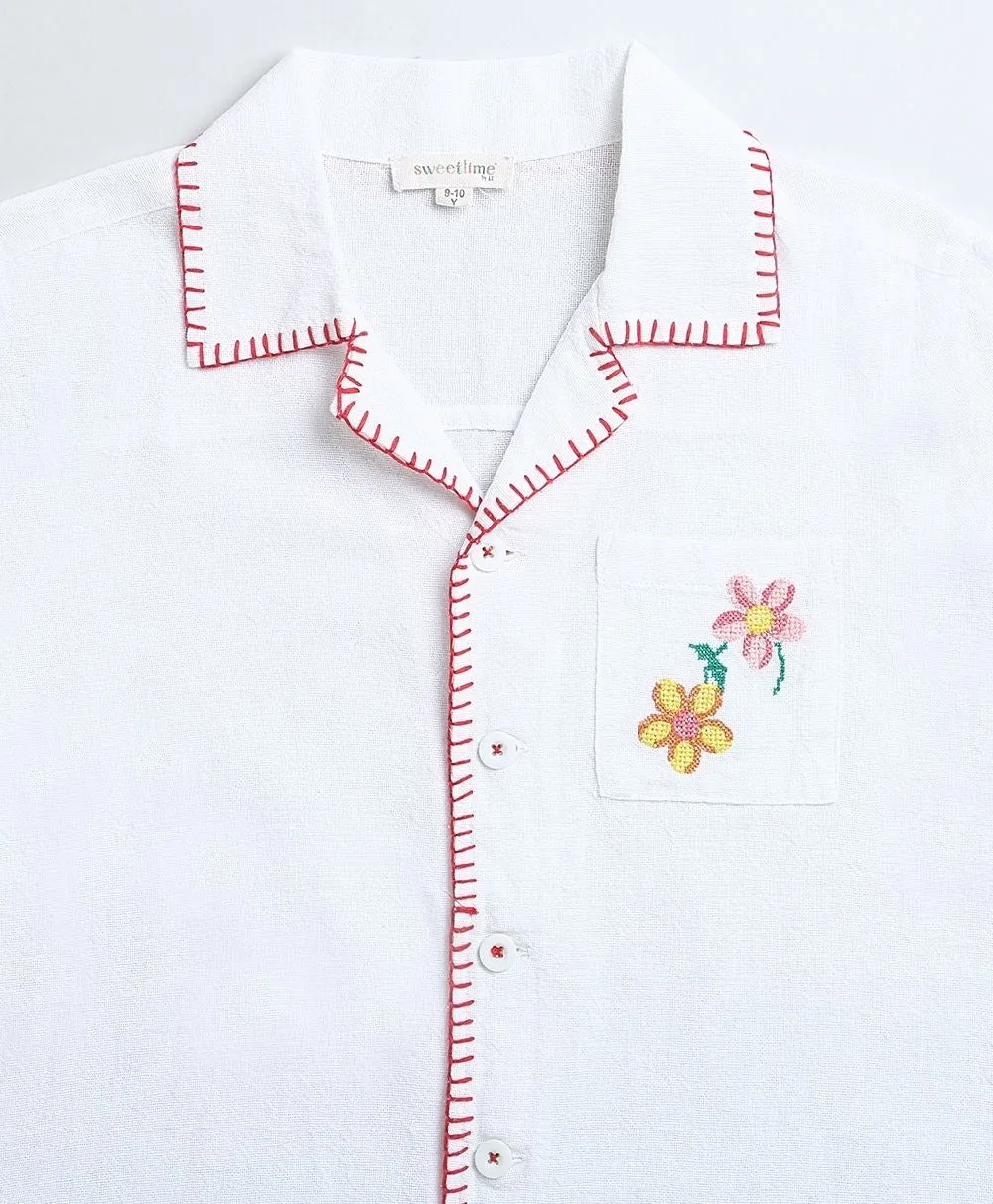 Father-Son Twinning Embroidered Pocket Cotton Shirt.