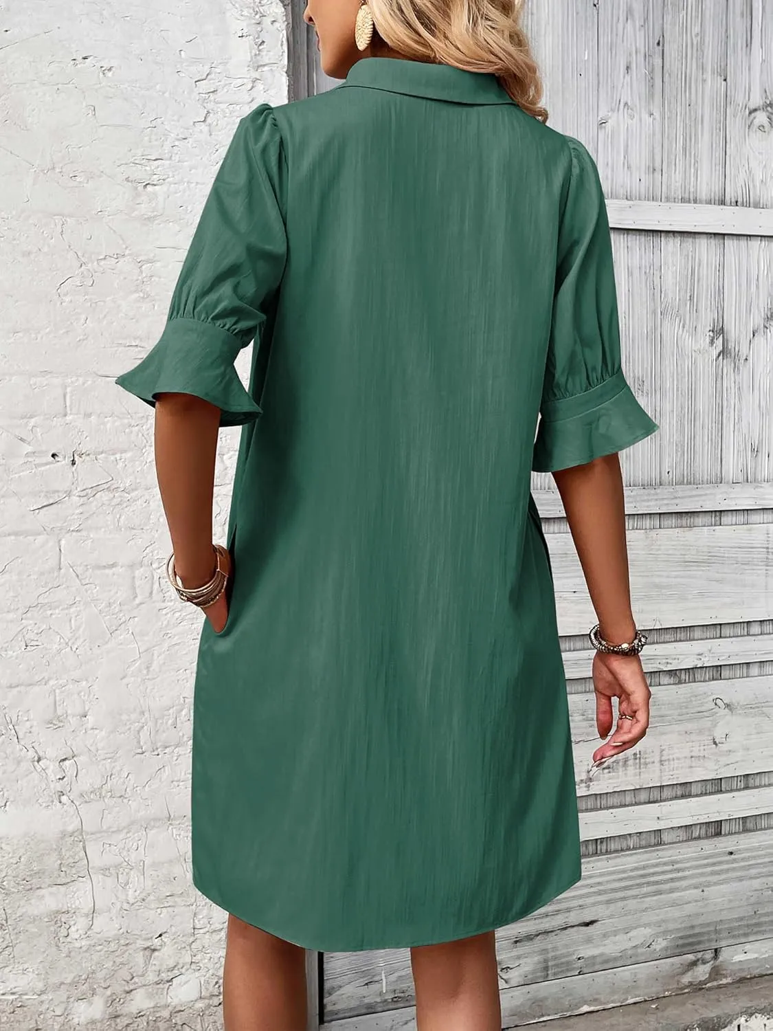 FENSACE Womens Casual Shirt Dress Ruffle Sleeve Solid Color Button Down Shift Summer Dresses with Pockets