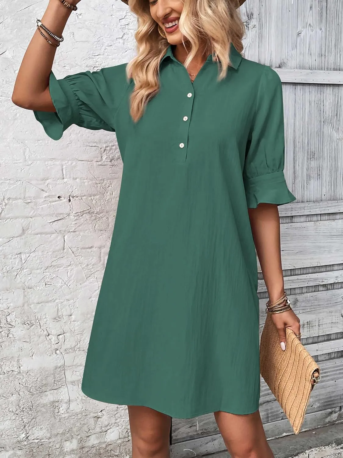FENSACE Womens Casual Shirt Dress Ruffle Sleeve Solid Color Button Down Shift Summer Dresses with Pockets