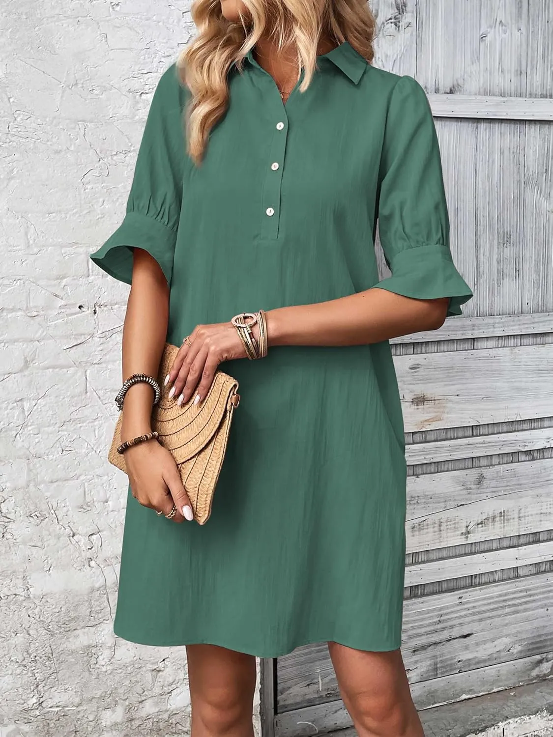 FENSACE Womens Casual Shirt Dress Ruffle Sleeve Solid Color Button Down Shift Summer Dresses with Pockets