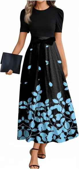 Floral Maxi Dress Spring Womens Long Dresses Short Sleeve Crew Neck Empire Waist Dress Elegant Tie Belted Dresses