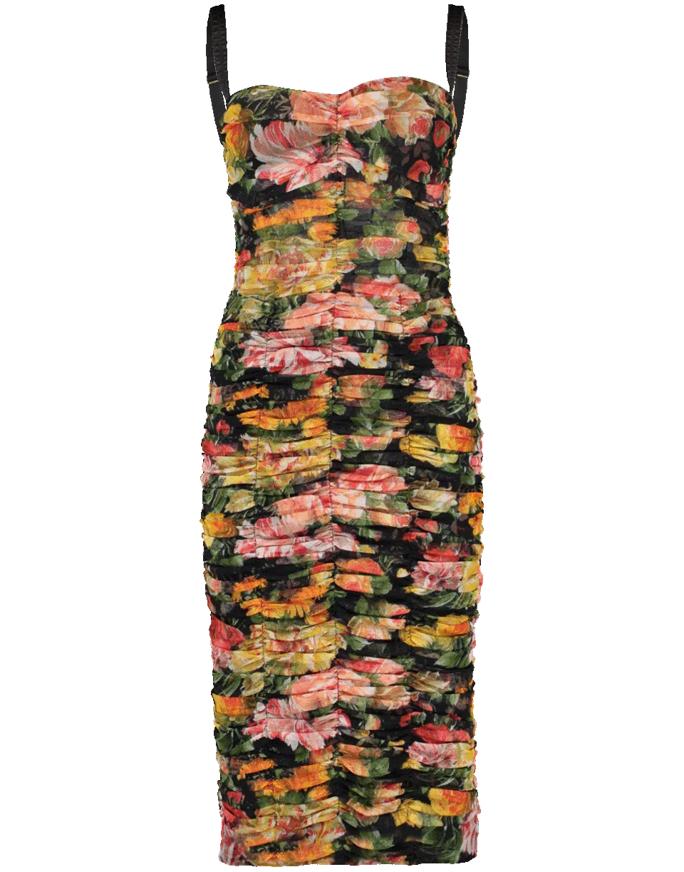 Floral Tulle Ruched Fitted Dress