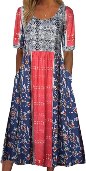 Geleglaer Women's Boho Floral Maxi Dress Summer Casual Crew Neck Short Sleeve Dress Flowy Bohemian Tshirt Dress with Pockets