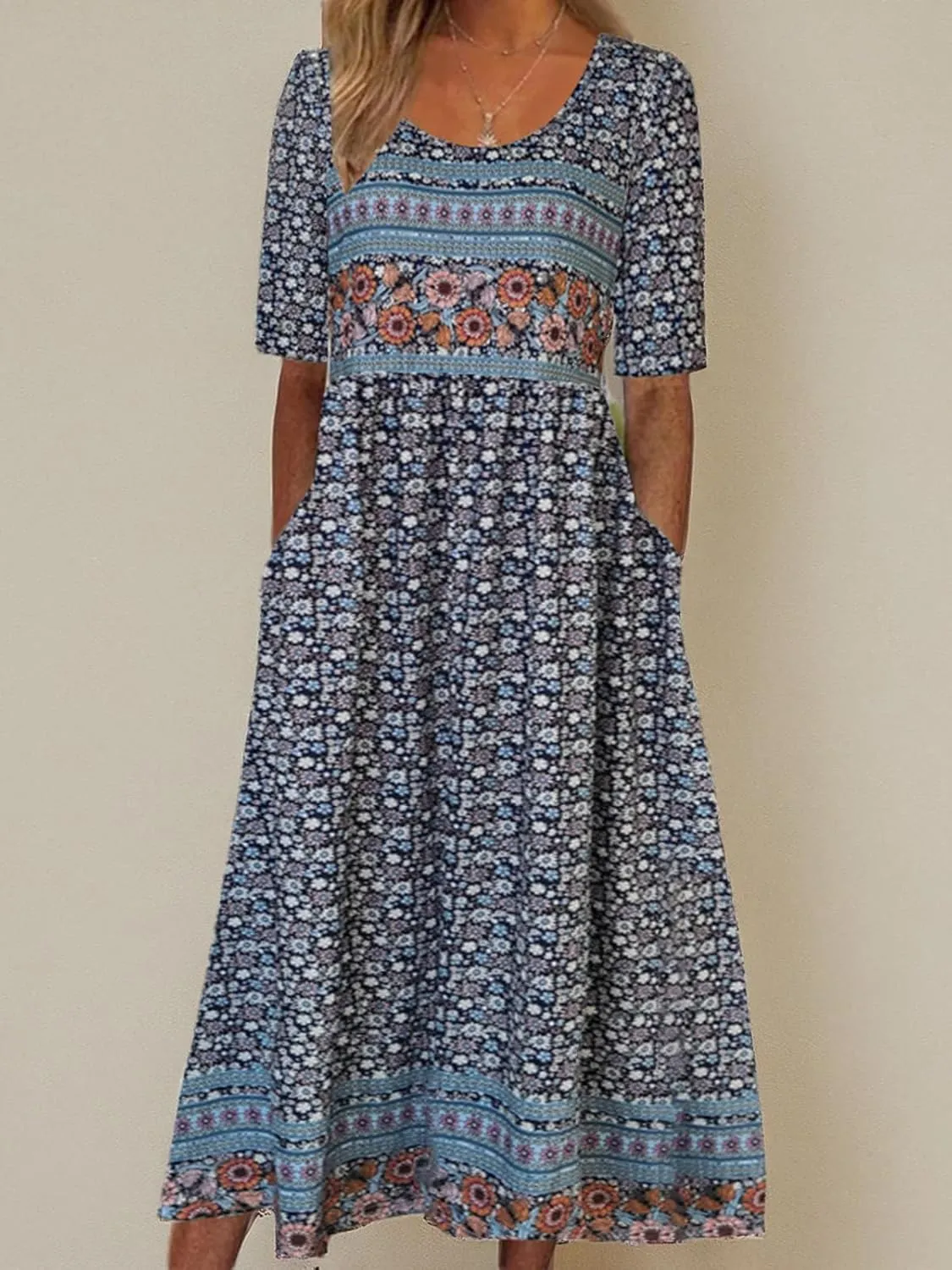 Geleglaer Women's Boho Floral Maxi Dress Summer Casual Crew Neck Short Sleeve Dress Flowy Bohemian Tshirt Dress with Pockets