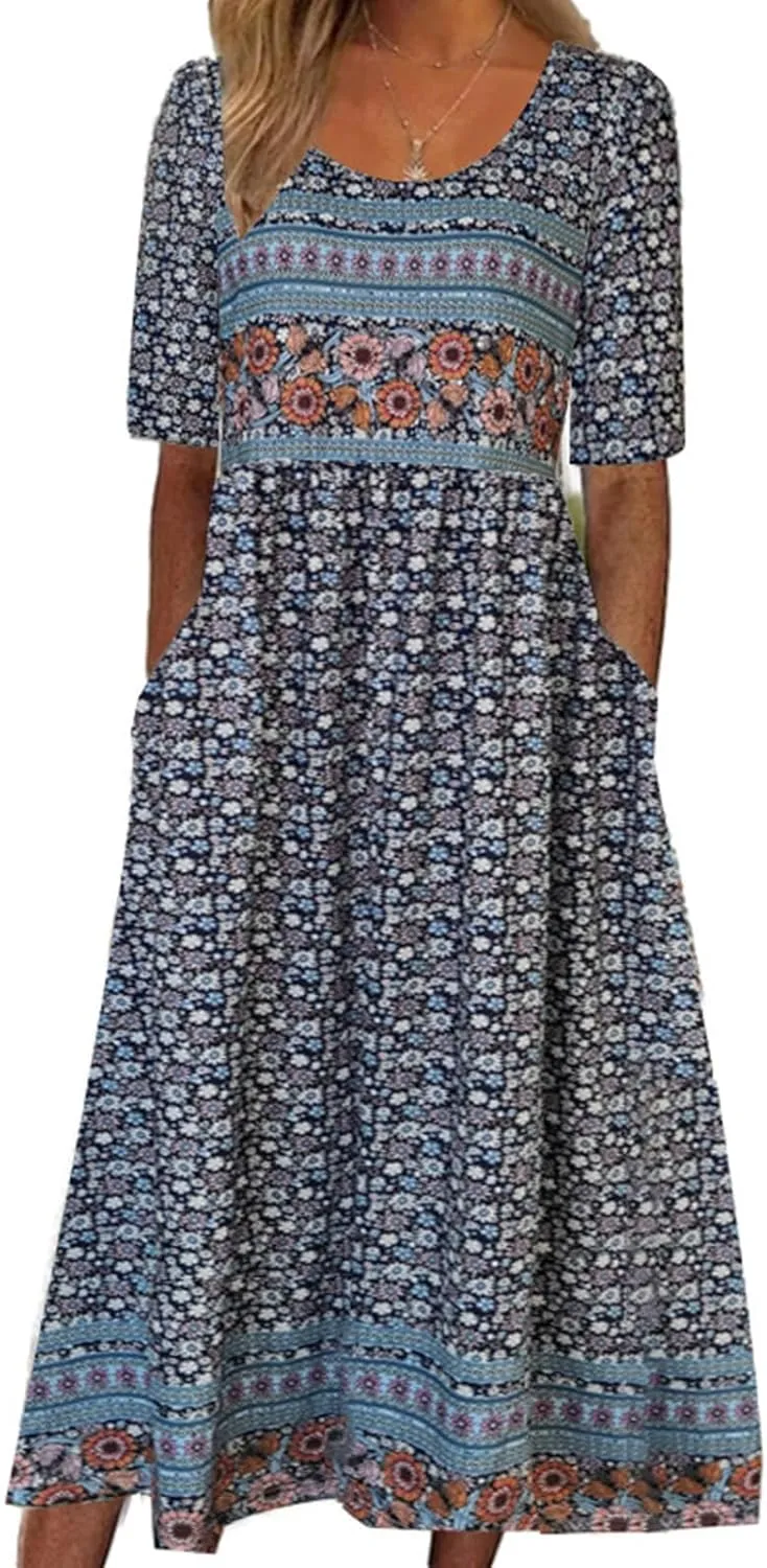 Geleglaer Women's Boho Floral Maxi Dress Summer Casual Crew Neck Short Sleeve Dress Flowy Bohemian Tshirt Dress with Pockets