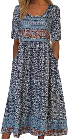 Geleglaer Women's Boho Floral Maxi Dress Summer Casual Crew Neck Short Sleeve Dress Flowy Bohemian Tshirt Dress with Pockets