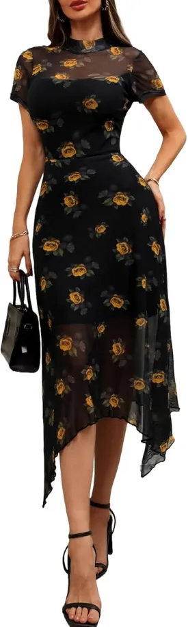 GothDark Women's 2025 Summer Floral Print Vintage Goth Dress Mesh Spliced Double-Layered Irregular Hemline Midi Dress