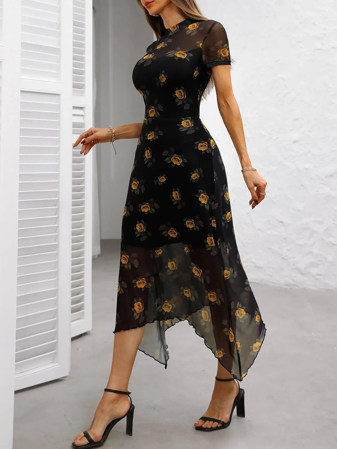 GothDark Women's 2025 Summer Floral Print Vintage Goth Dress Mesh Spliced Double-Layered Irregular Hemline Midi Dress