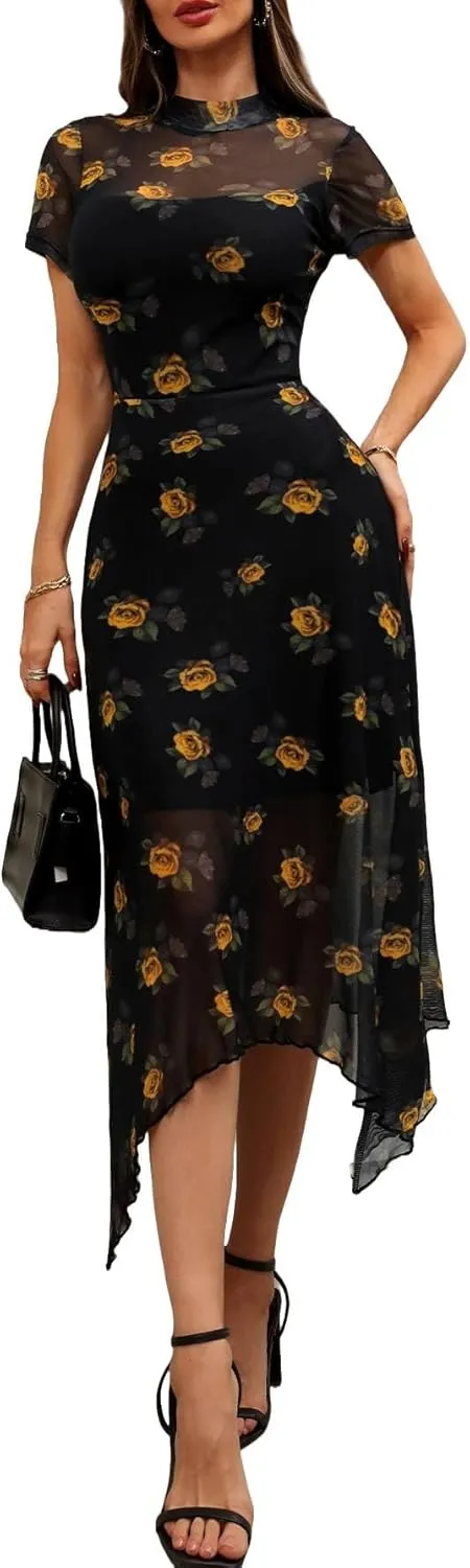 GothDark Women's 2025 Summer Floral Print Vintage Goth Dress Mesh Spliced Double-Layered Irregular Hemline Midi Dress