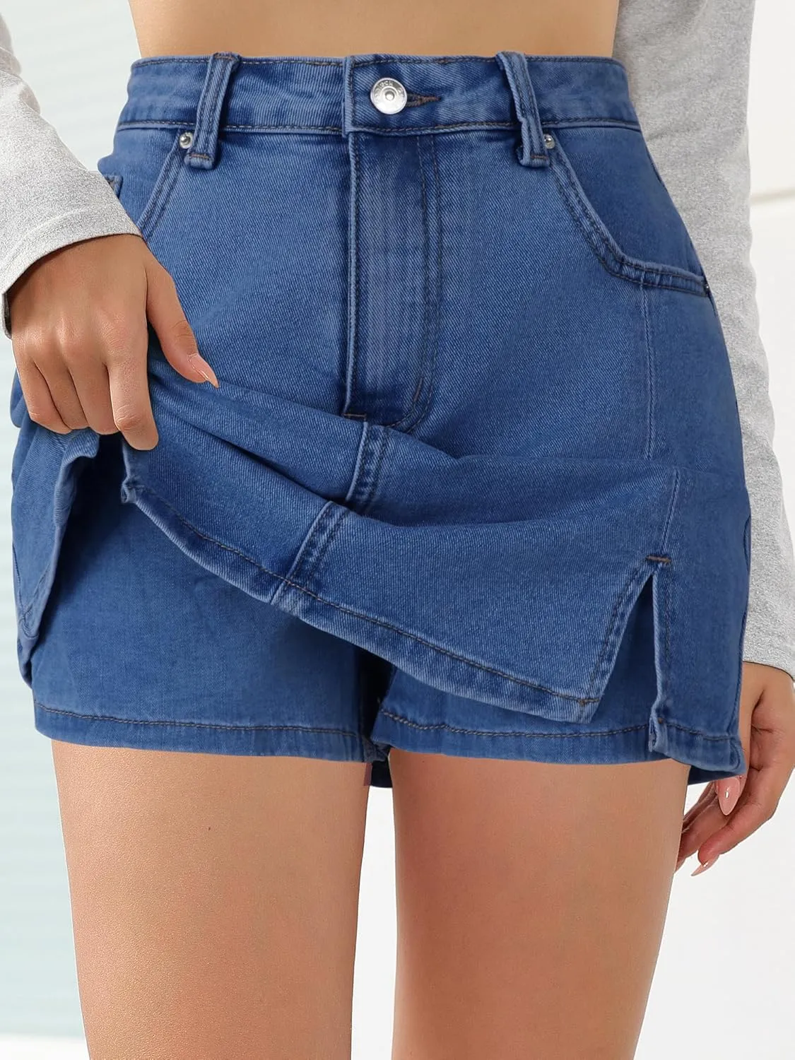 HDLTE Denim Skirts for Women - High Waisted Jean Skorts with Slit Cute Skort Shorts Casual