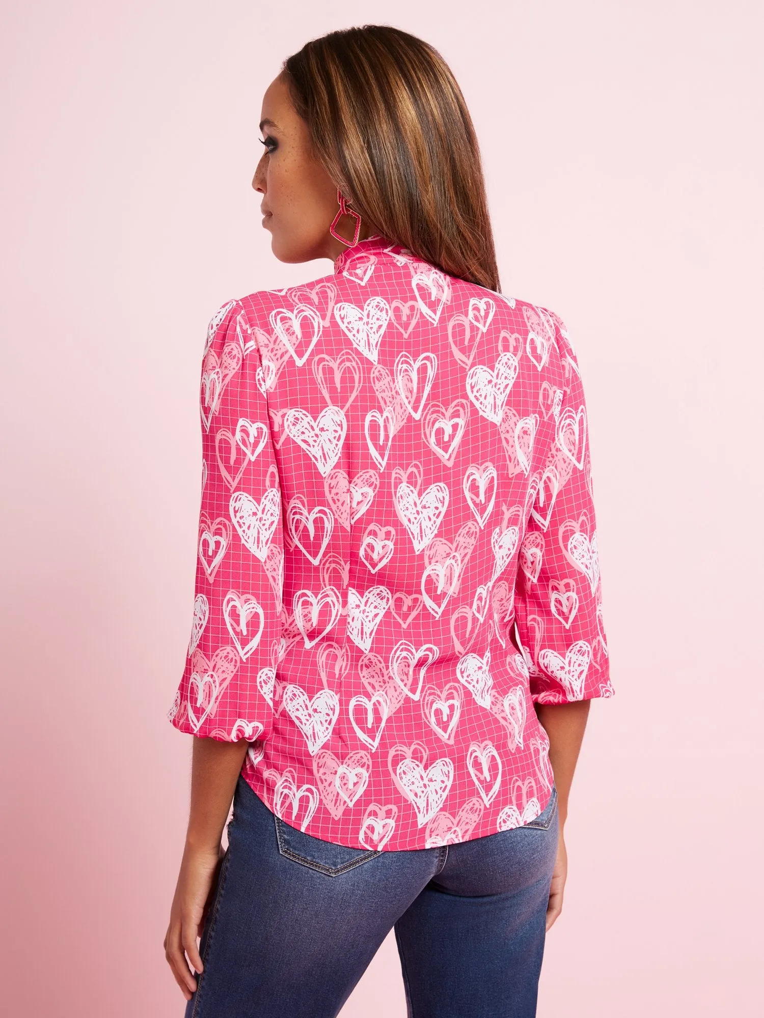 Heart-Print Tie-Front V-Neck Blouse
