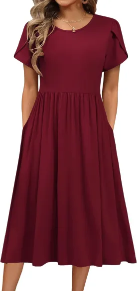 HOTOUCH Women's Summer Short Sleeve A-Line Midi Dresses Casual Floral T-Shirt Dress Flowy Beach Sundress with Pockets