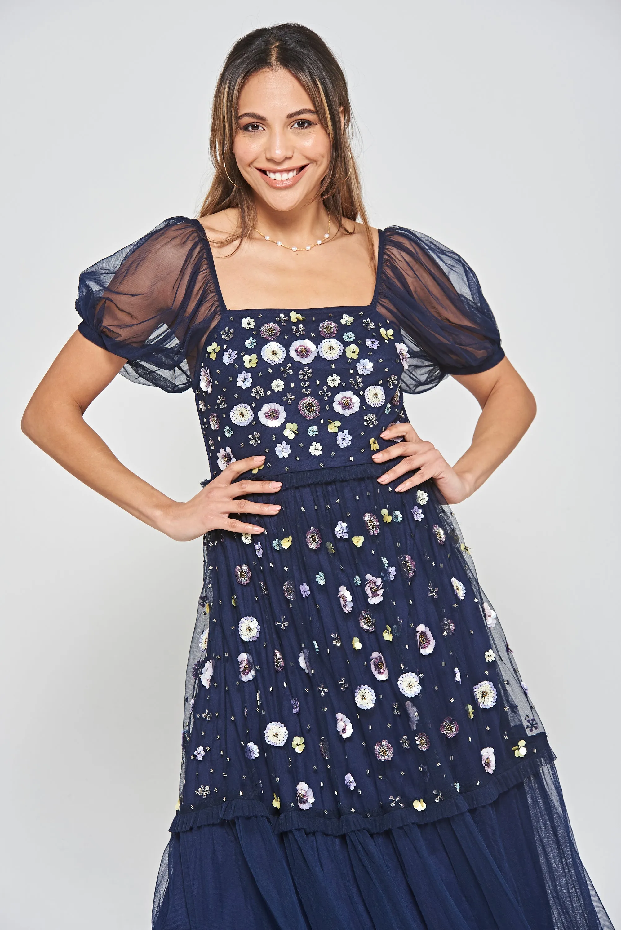 Jalin Navy Floral Embellished Square Neck Midi Dress