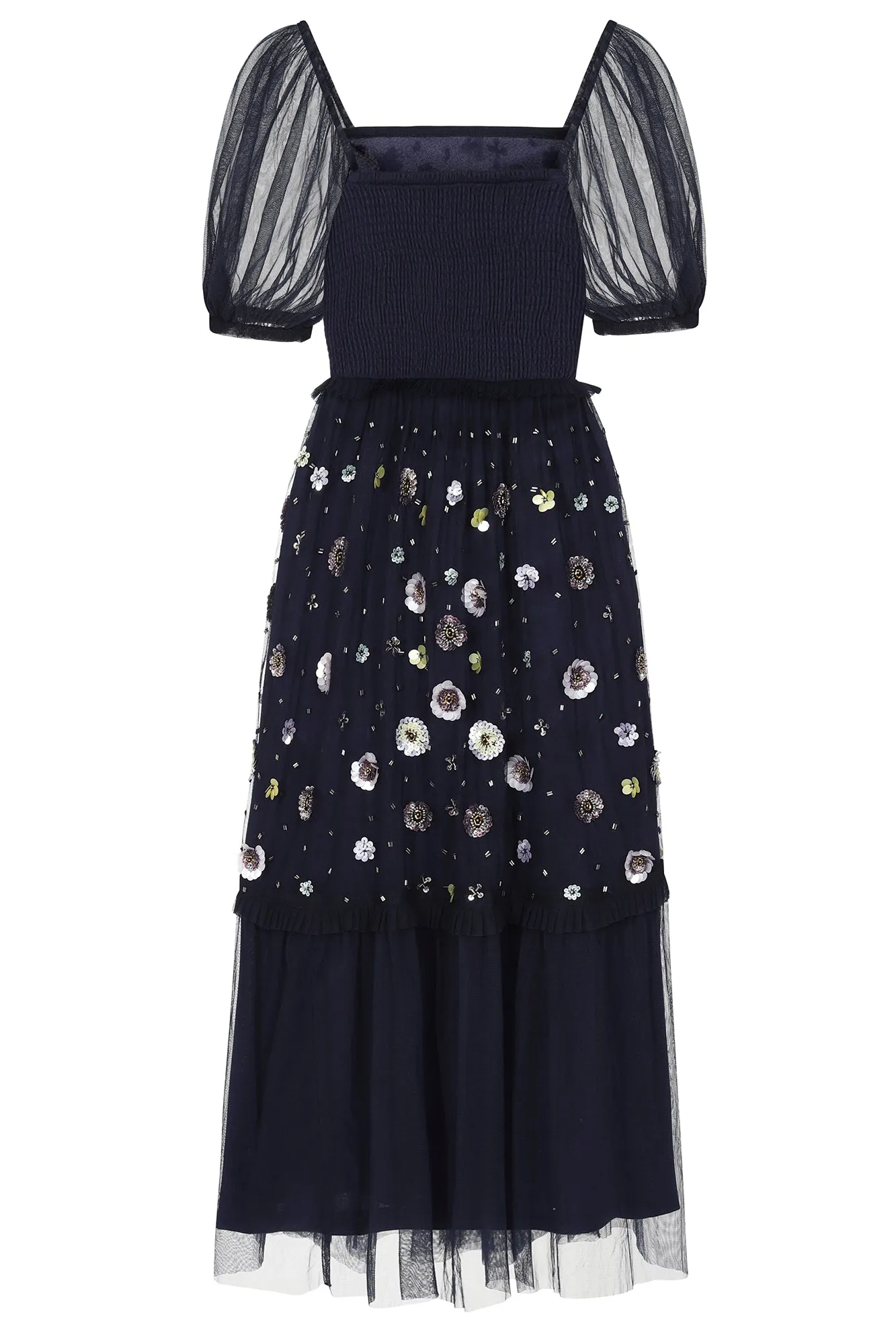 Jalin Navy Floral Embellished Square Neck Midi Dress