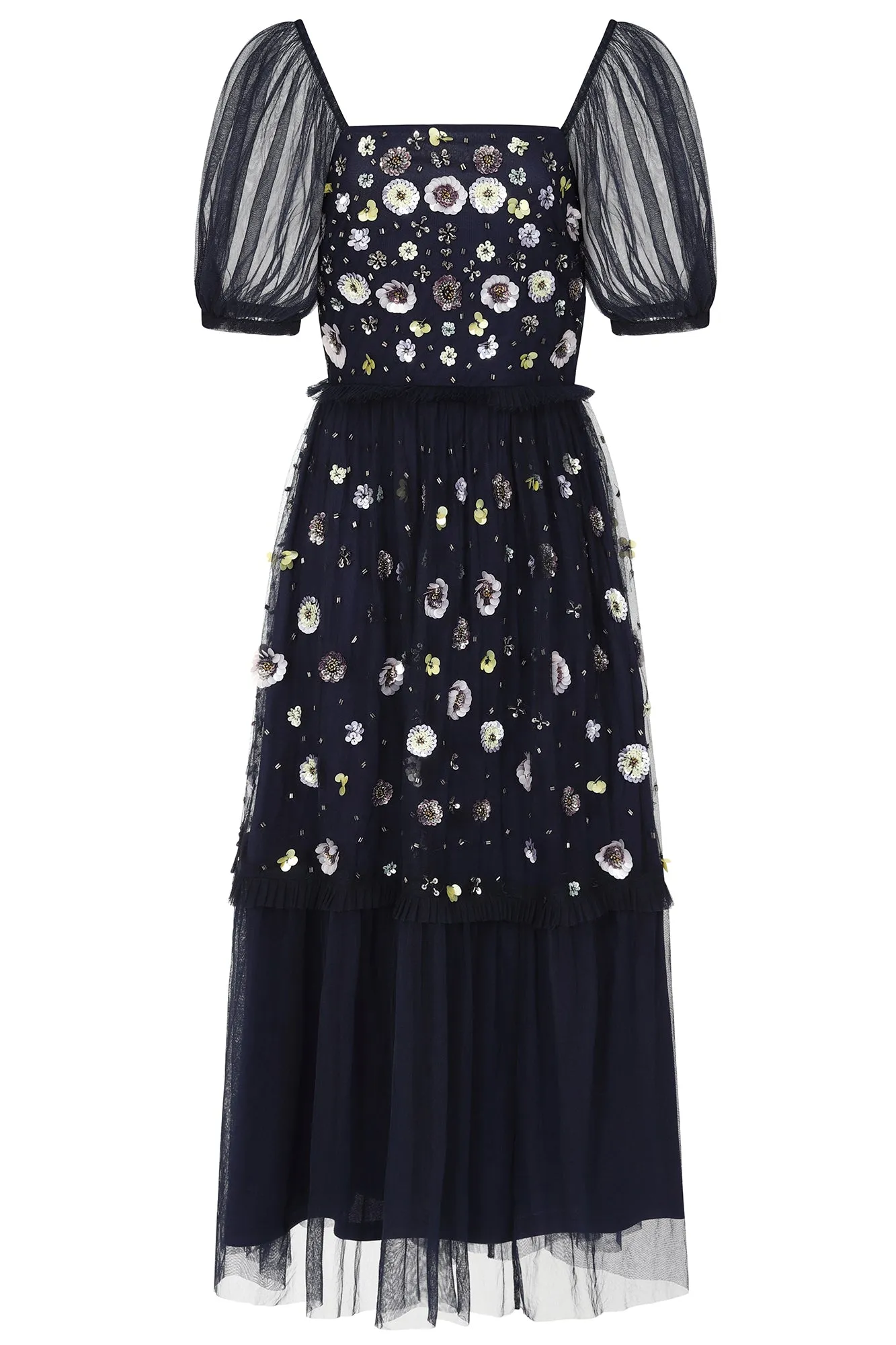 Jalin Navy Floral Embellished Square Neck Midi Dress