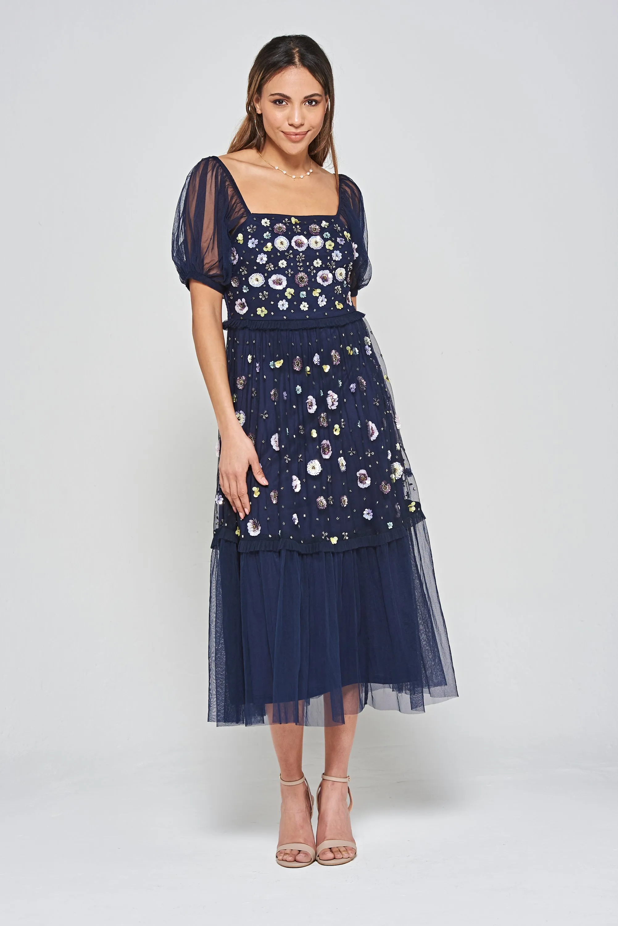 Jalin Navy Floral Embellished Square Neck Midi Dress
