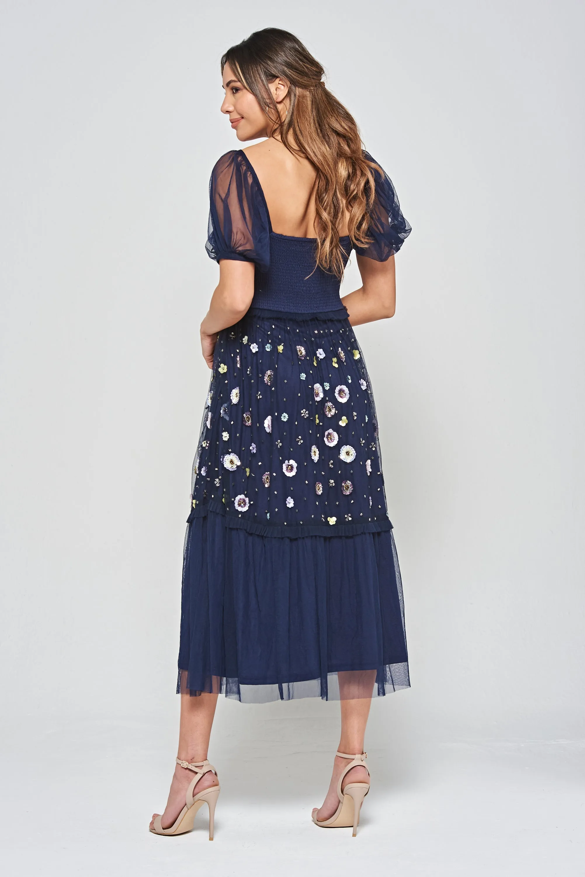Jalin Navy Floral Embellished Square Neck Midi Dress