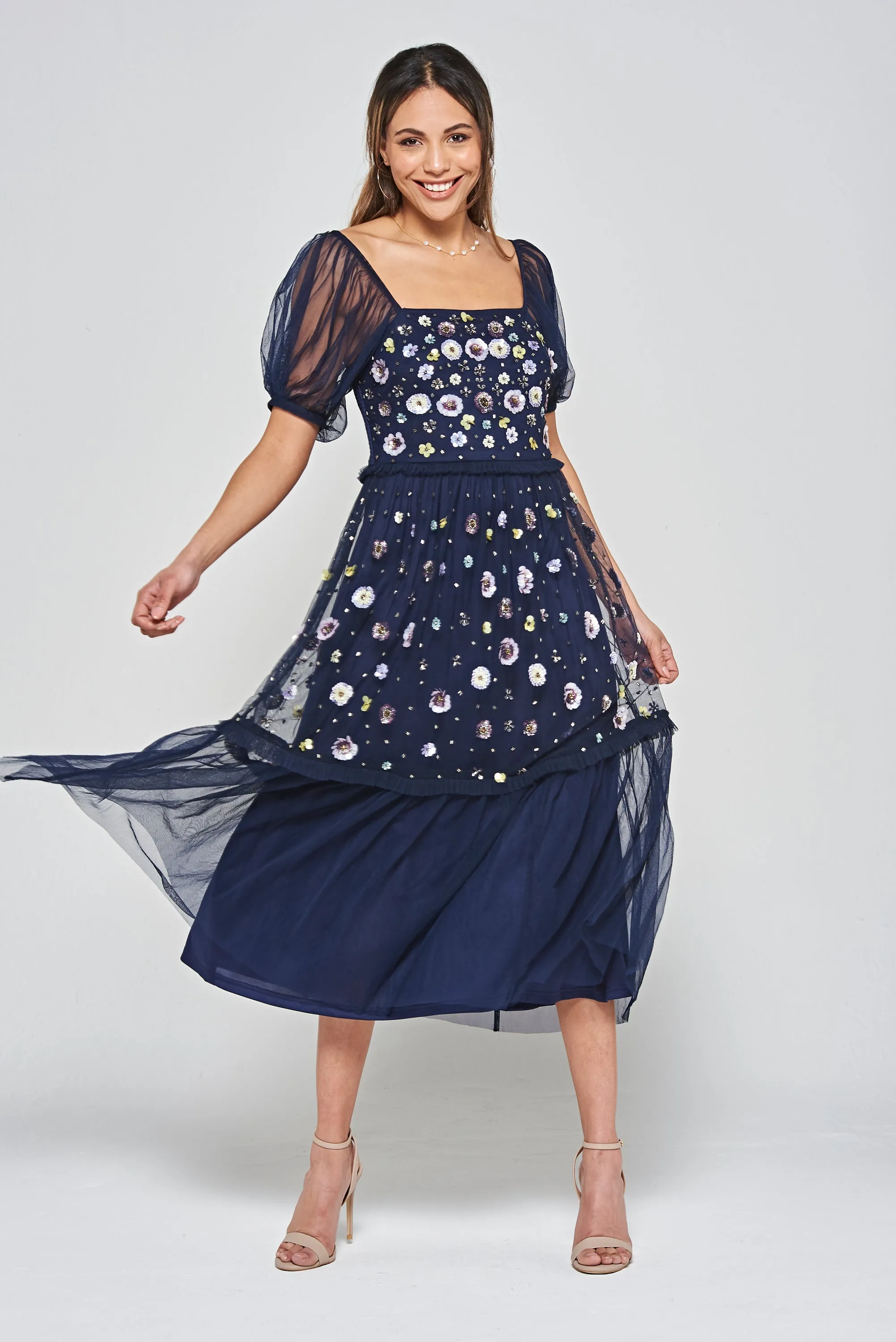 Jalin Navy Floral Embellished Square Neck Midi Dress