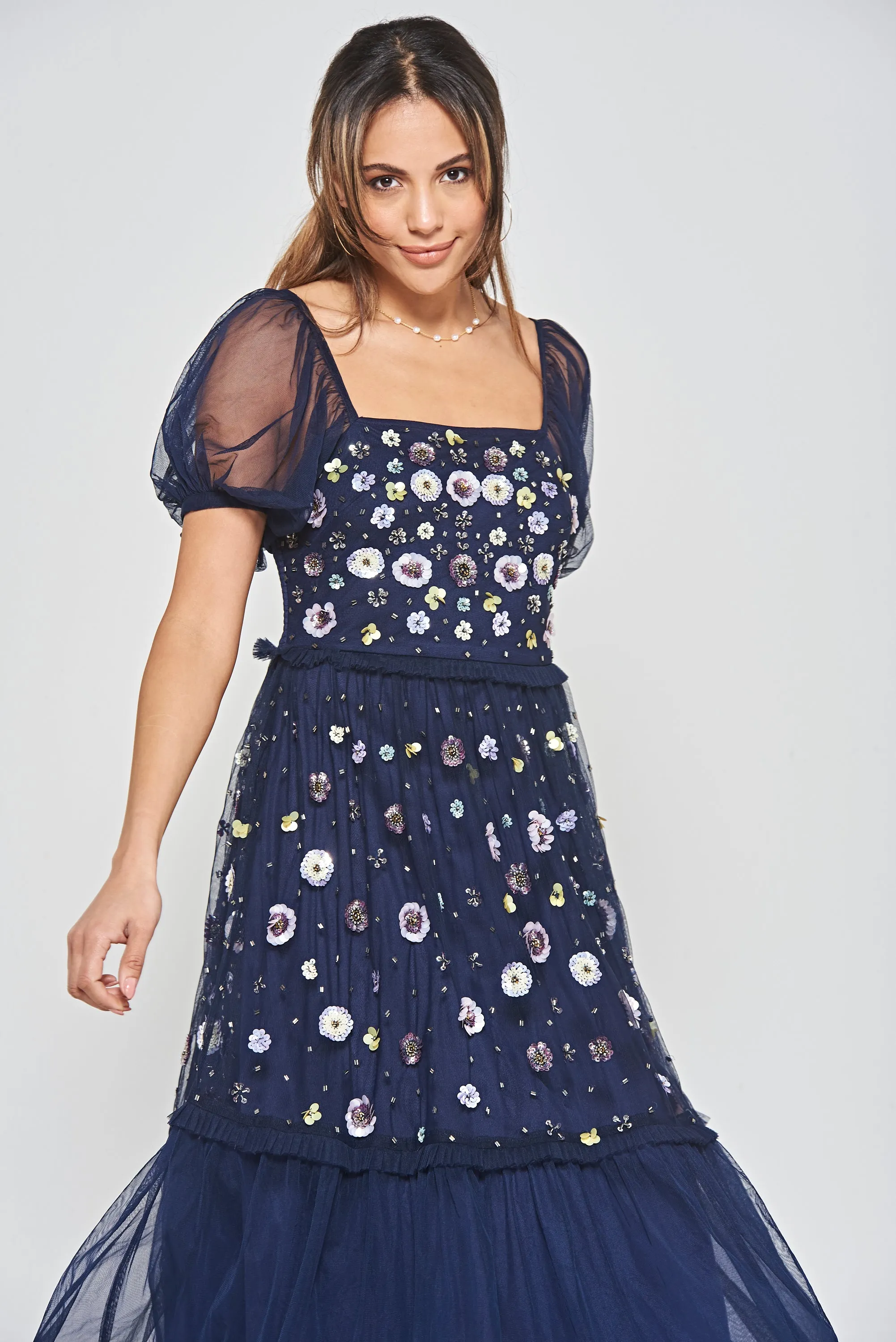 Jalin Navy Floral Embellished Square Neck Midi Dress