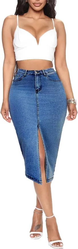 Jean Skirt for Women Denim Skirt High Waist Stretch Midi Denim Skirts with Pockets