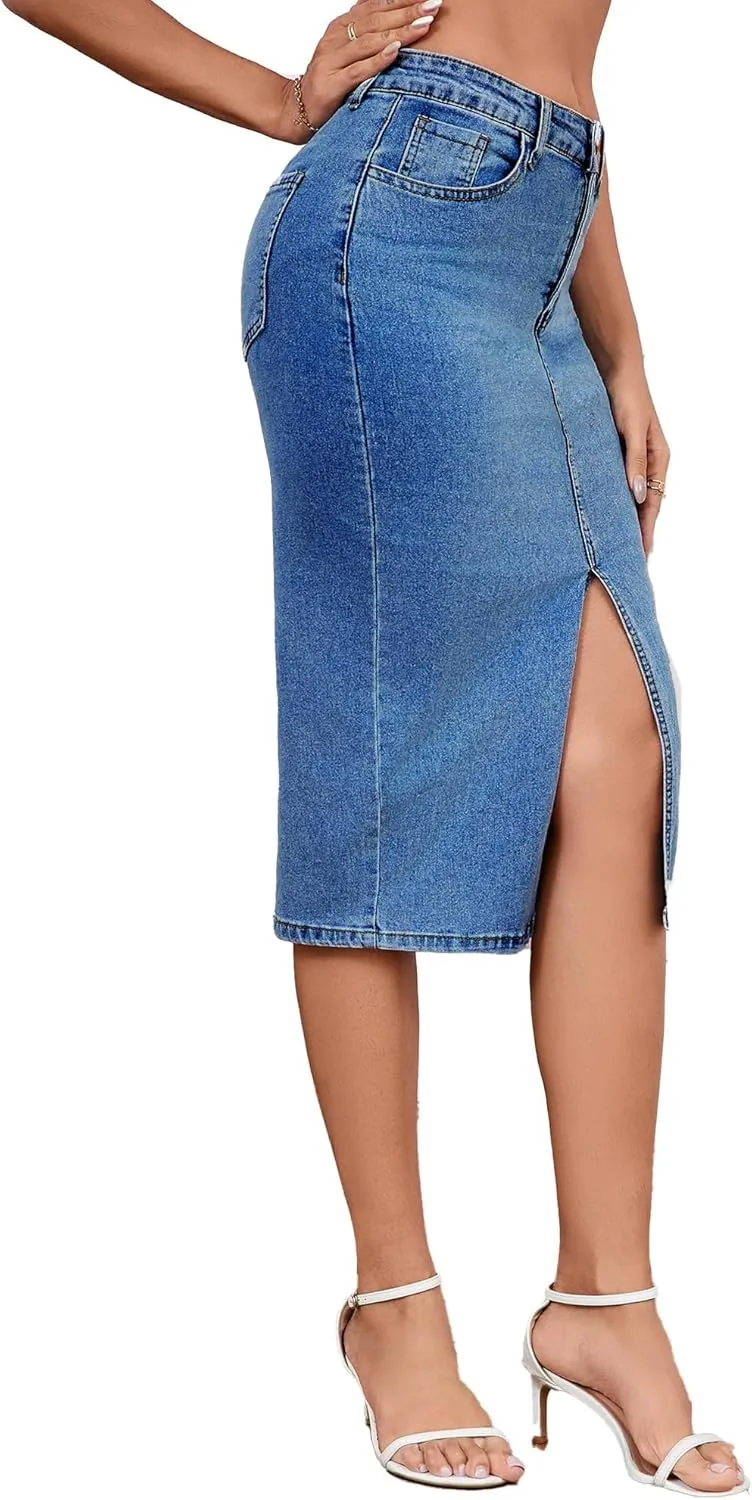 Jean Skirt for Women Denim Skirt High Waist Stretch Midi Denim Skirts with Pockets