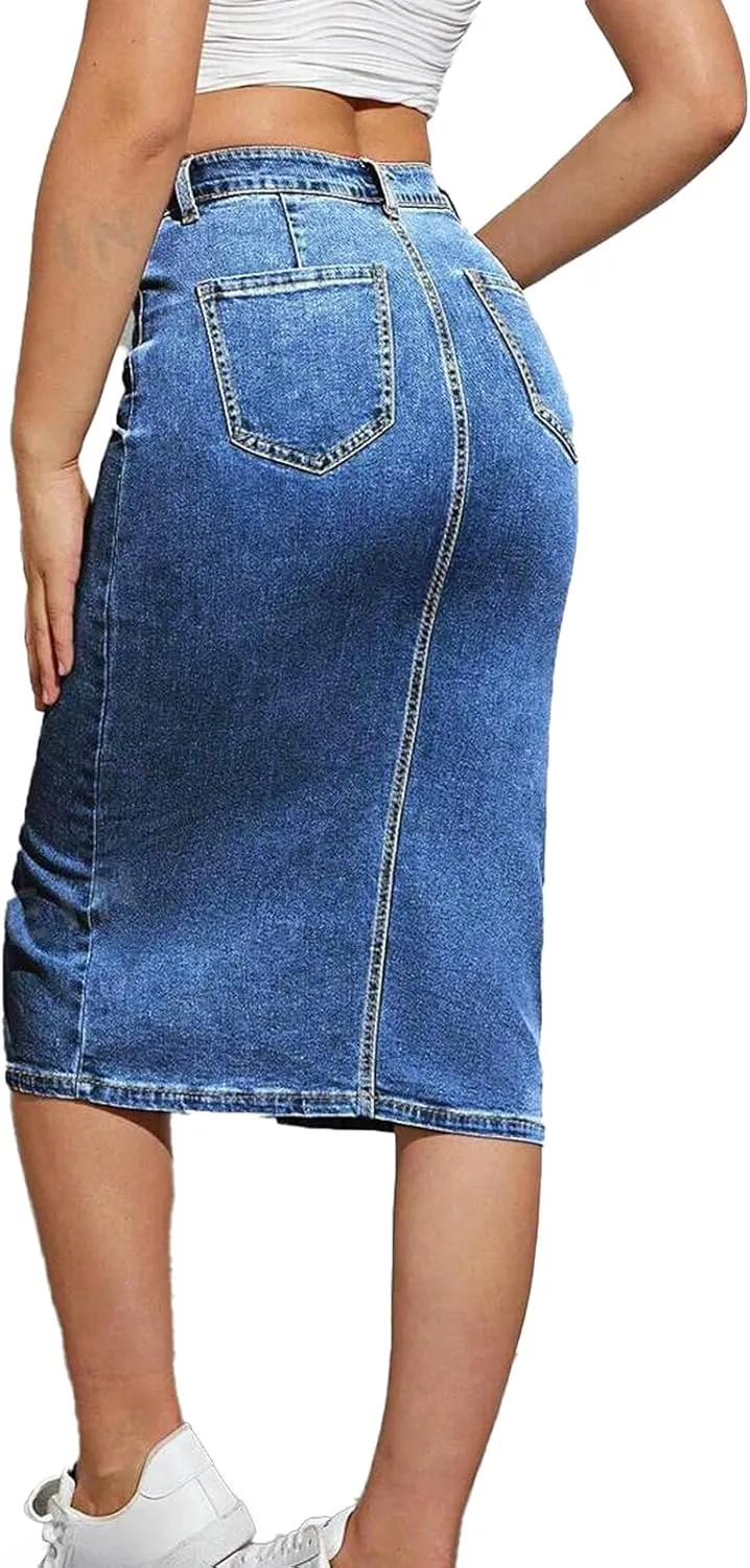 Jean Skirt for Women Denim Skirt High Waist Stretch Midi Denim Skirts with Pockets