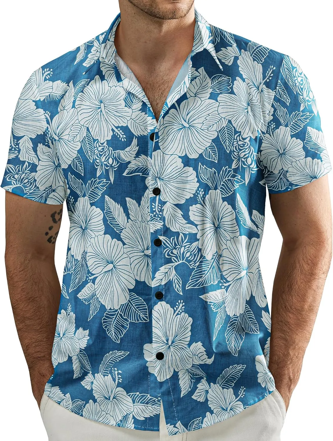 JOGAL Men's Flower Casual Button Down Short Sleeve Hawaiian Shirt