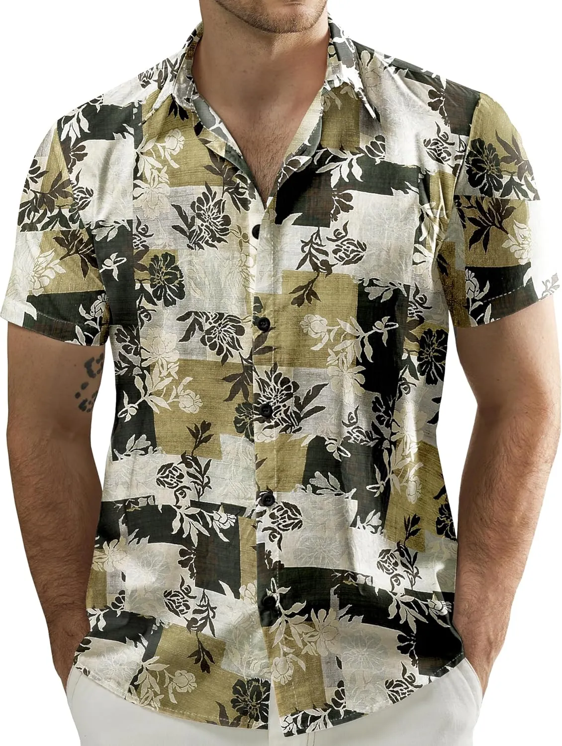 JOGAL Men's Flower Casual Button Down Short Sleeve Hawaiian Shirt