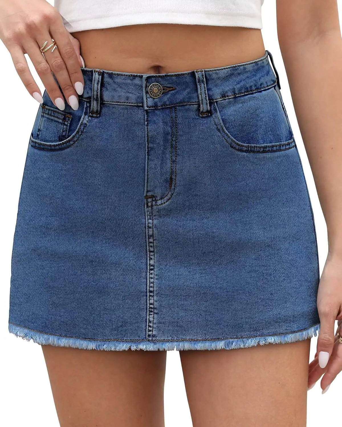 KDF Denim Skort for Women High Waisted Denim Mini Skirt Stretch Women Jean Skirt Shorts with Trendy Frayed Raw Hem