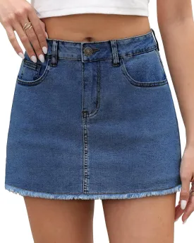 KDF Denim Skort for Women High Waisted Denim Mini Skirt Stretch Women Jean Skirt Shorts with Trendy Frayed Raw Hem