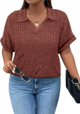 Koscacy Womens Plus Size Tops Short Sleeve Tunic Lapel V Neck Shirts Summer Casual Loose Blouse