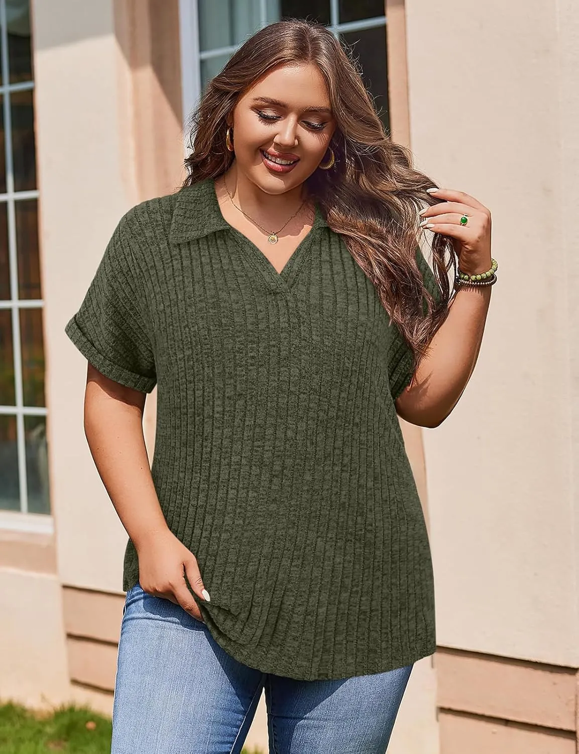 Koscacy Womens Plus Size Tops Short Sleeve Tunic Lapel V Neck Shirts Summer Casual Loose Blouse
