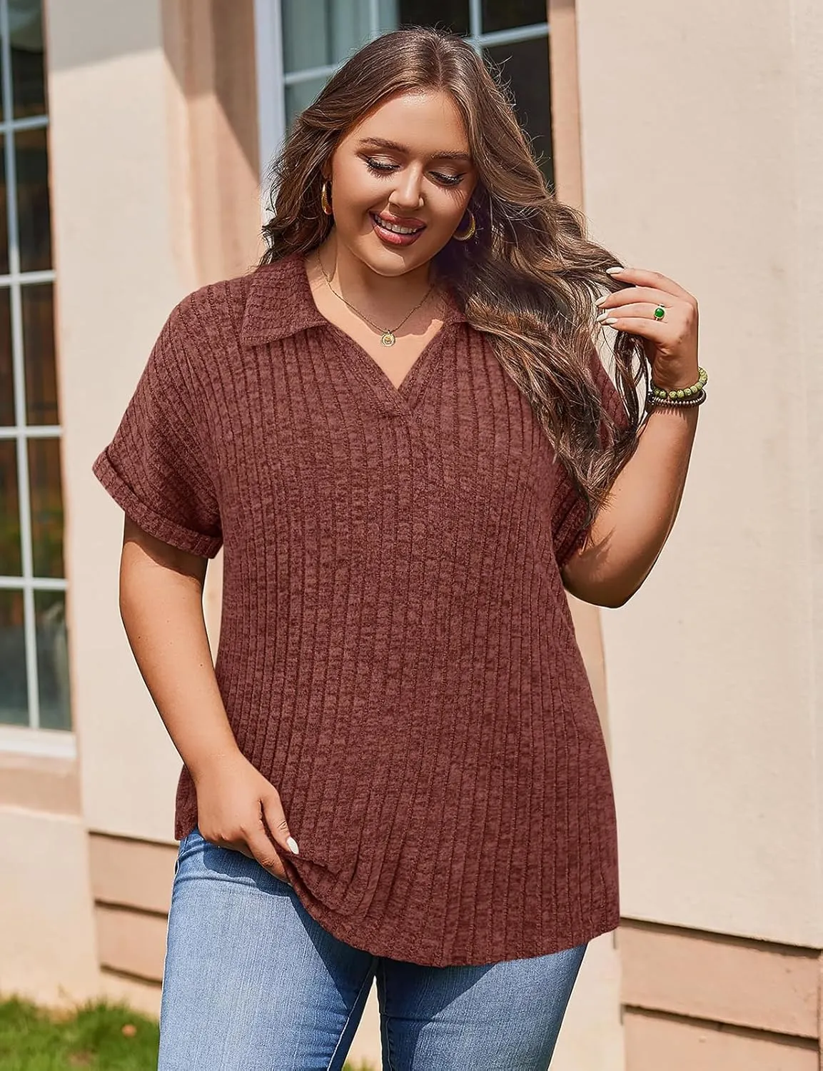 Koscacy Womens Plus Size Tops Short Sleeve Tunic Lapel V Neck Shirts Summer Casual Loose Blouse