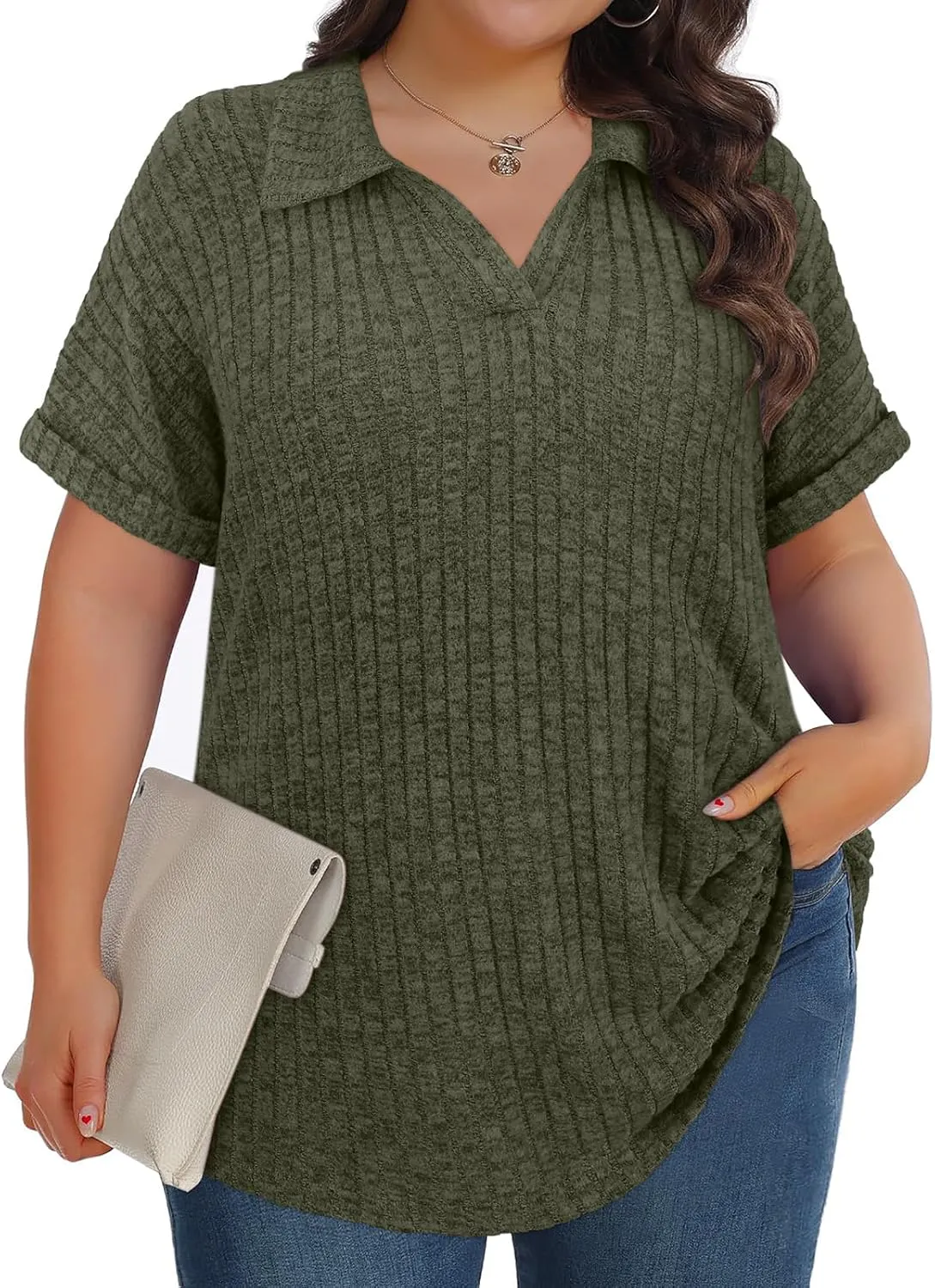 Koscacy Womens Plus Size Tops Short Sleeve Tunic Lapel V Neck Shirts Summer Casual Loose Blouse