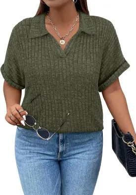 Koscacy Womens Plus Size Tops Short Sleeve Tunic Lapel V Neck Shirts Summer Casual Loose Blouse
