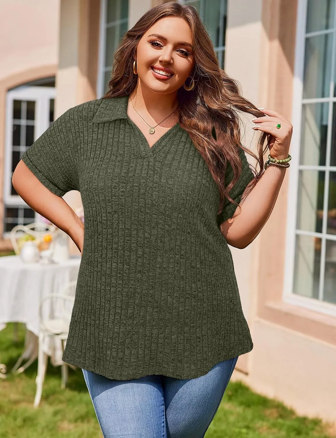 Koscacy Womens Plus Size Tops Short Sleeve Tunic Lapel V Neck Shirts Summer Casual Loose Blouse