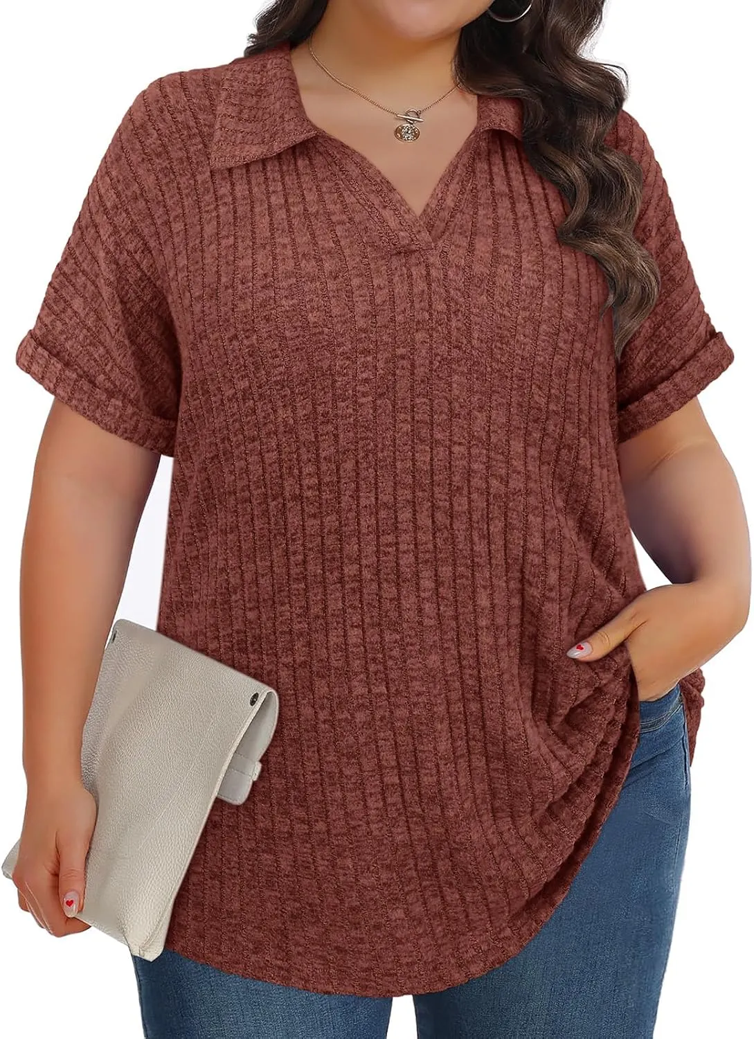 Koscacy Womens Plus Size Tops Short Sleeve Tunic Lapel V Neck Shirts Summer Casual Loose Blouse