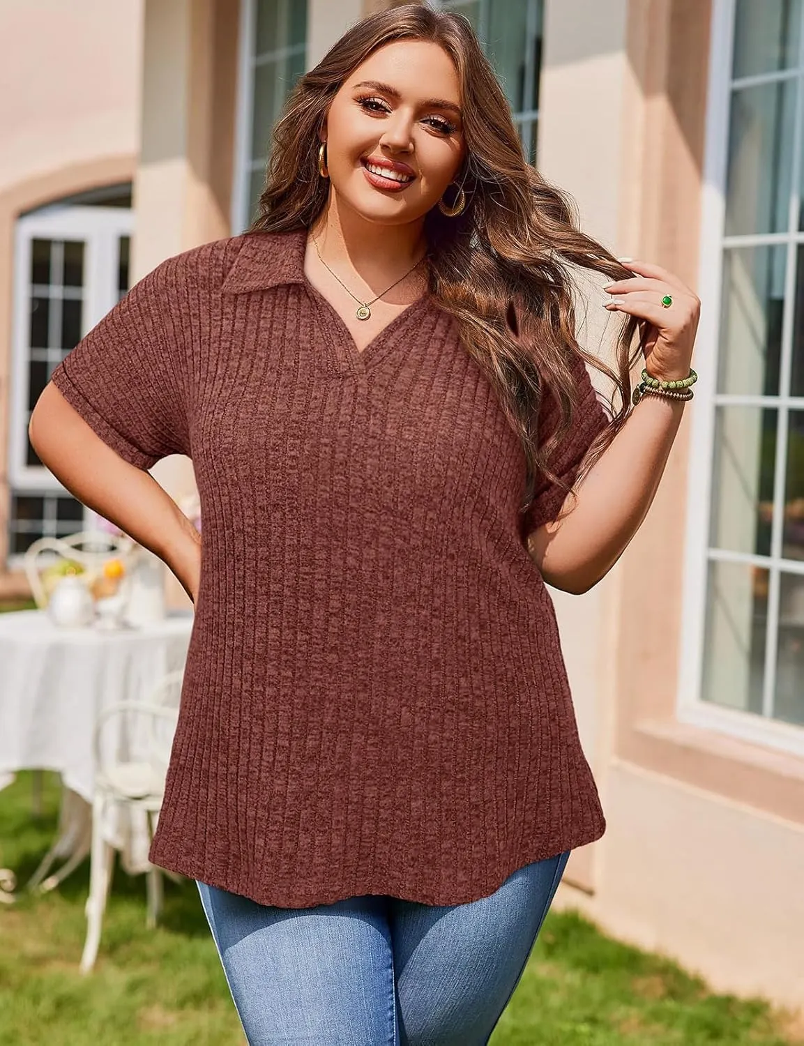 Koscacy Womens Plus Size Tops Short Sleeve Tunic Lapel V Neck Shirts Summer Casual Loose Blouse