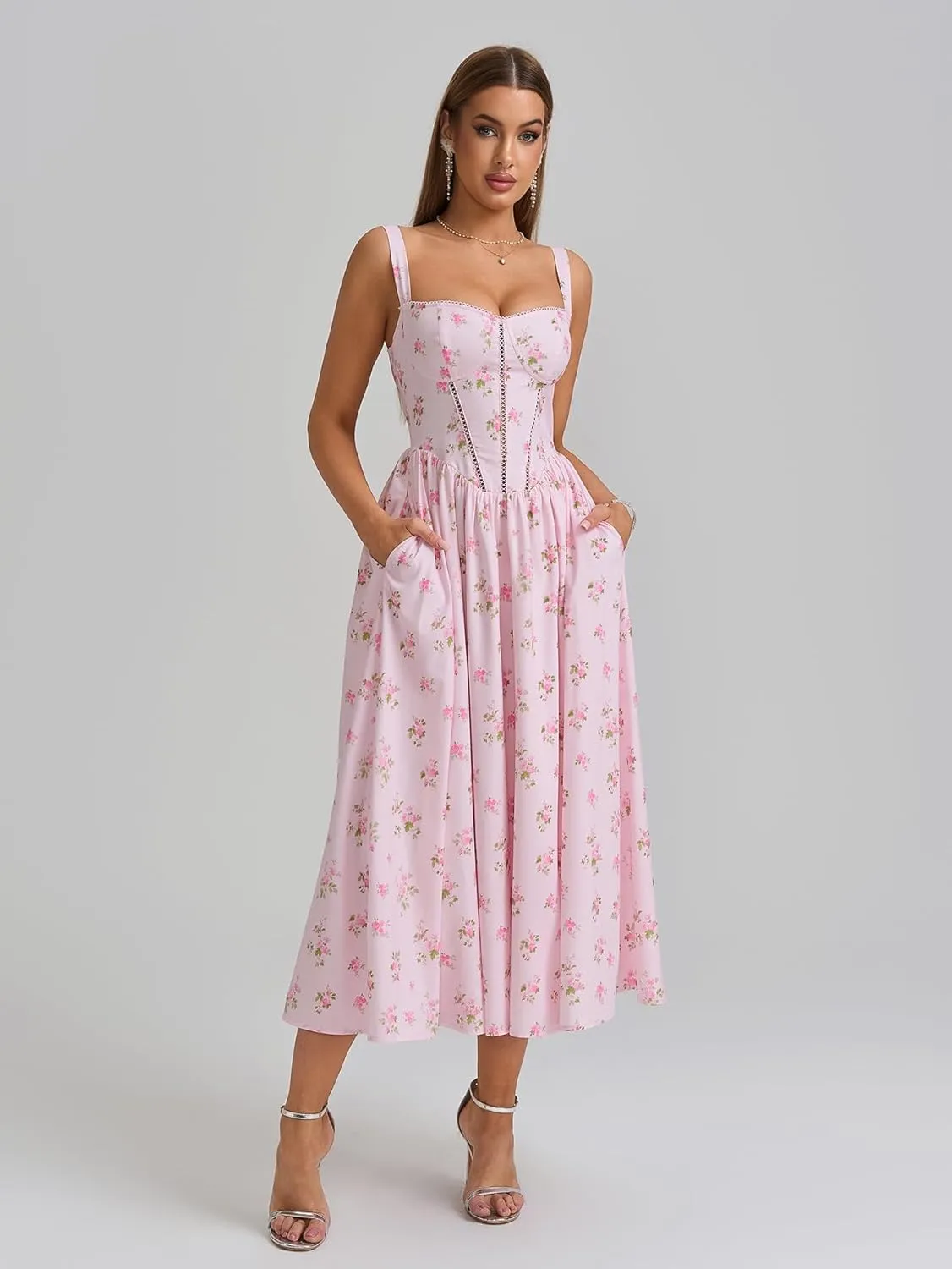 KUTUMAI Floral Corset Midi Dress Flowy Slit Summer Spring Wedding Guest Dresses for Women Sundress with Pockets
