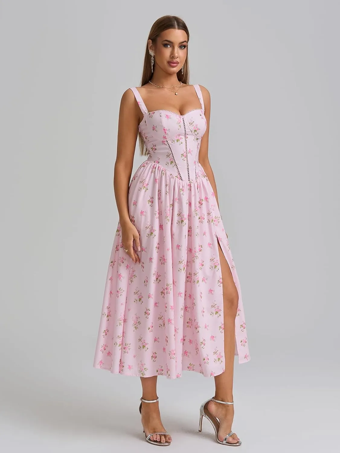 KUTUMAI Floral Corset Midi Dress Flowy Slit Summer Spring Wedding Guest Dresses for Women Sundress with Pockets