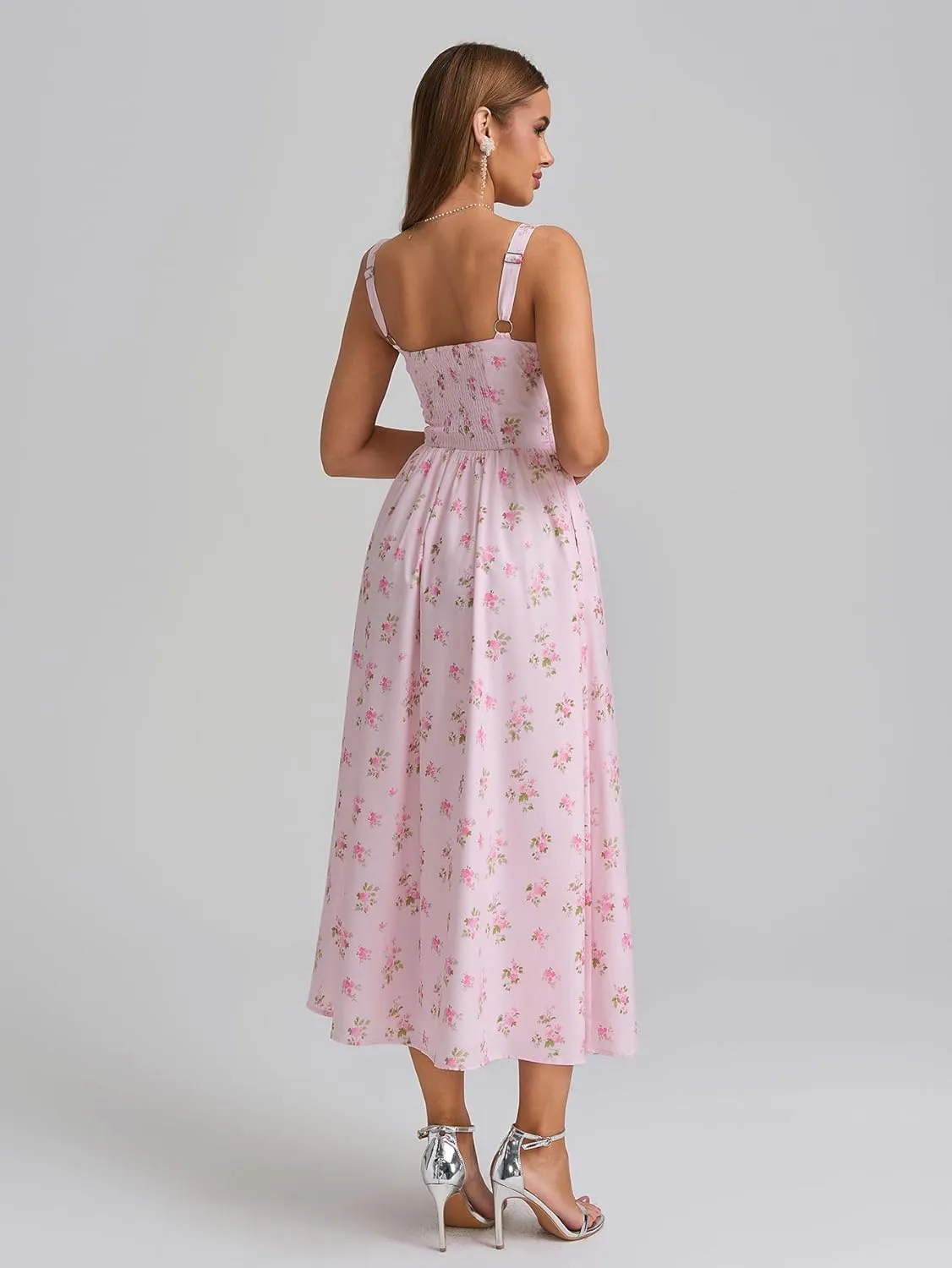 KUTUMAI Floral Corset Midi Dress Flowy Slit Summer Spring Wedding Guest Dresses for Women Sundress with Pockets