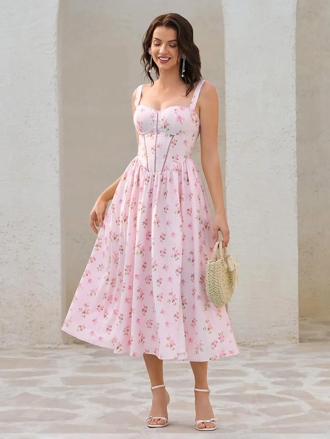 KUTUMAI Floral Corset Midi Dress Flowy Slit Summer Spring Wedding Guest Dresses for Women Sundress with Pockets