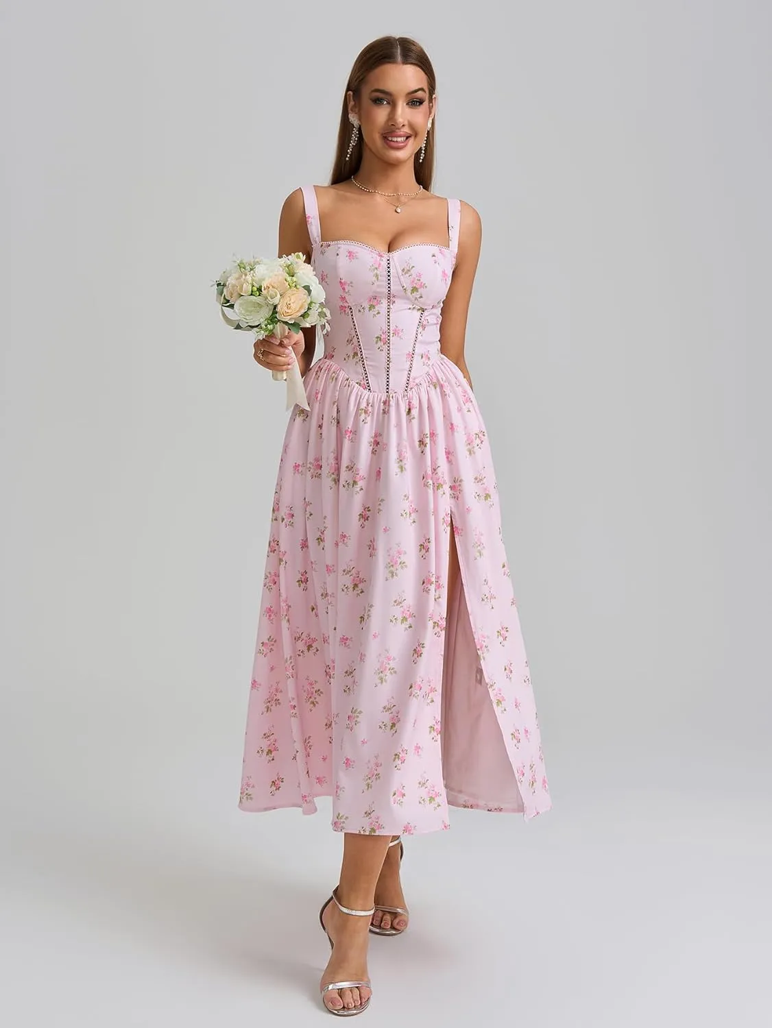 KUTUMAI Floral Corset Midi Dress Flowy Slit Summer Spring Wedding Guest Dresses for Women Sundress with Pockets
