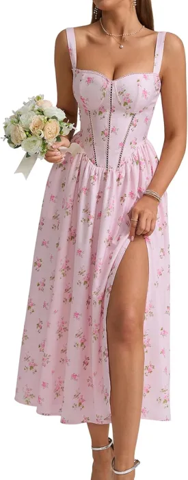 KUTUMAI Floral Corset Midi Dress Flowy Slit Summer Spring Wedding Guest Dresses for Women Sundress with Pockets