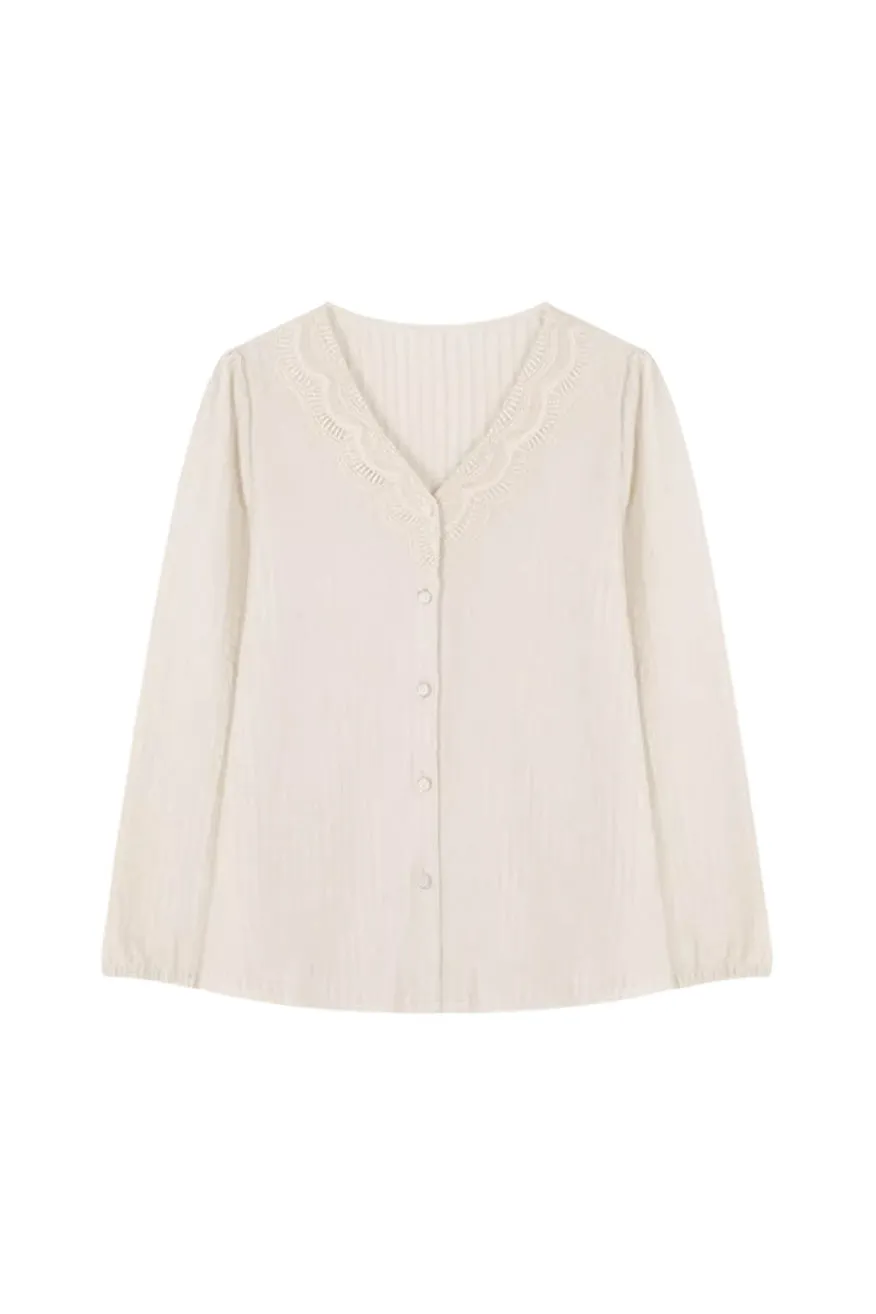 Lace Decor V-Neck Feminine Long Sleeve Blouse