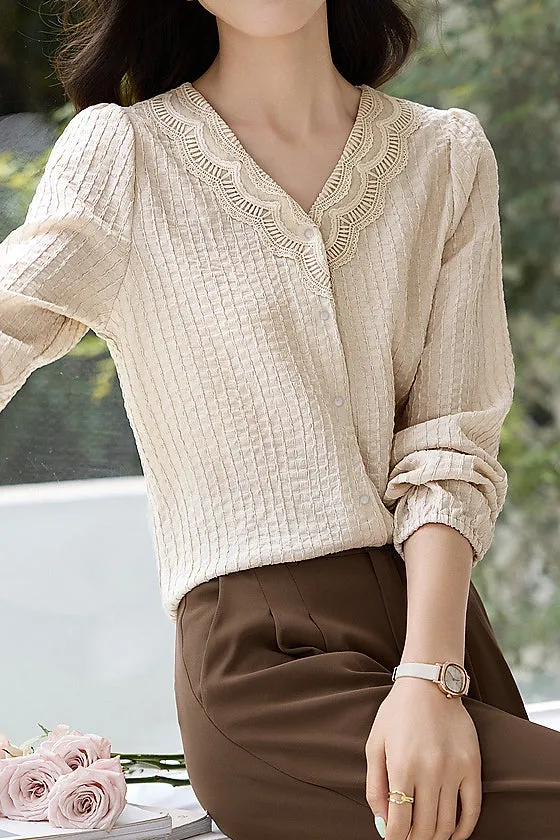 Lace Decor V-Neck Feminine Long Sleeve Blouse