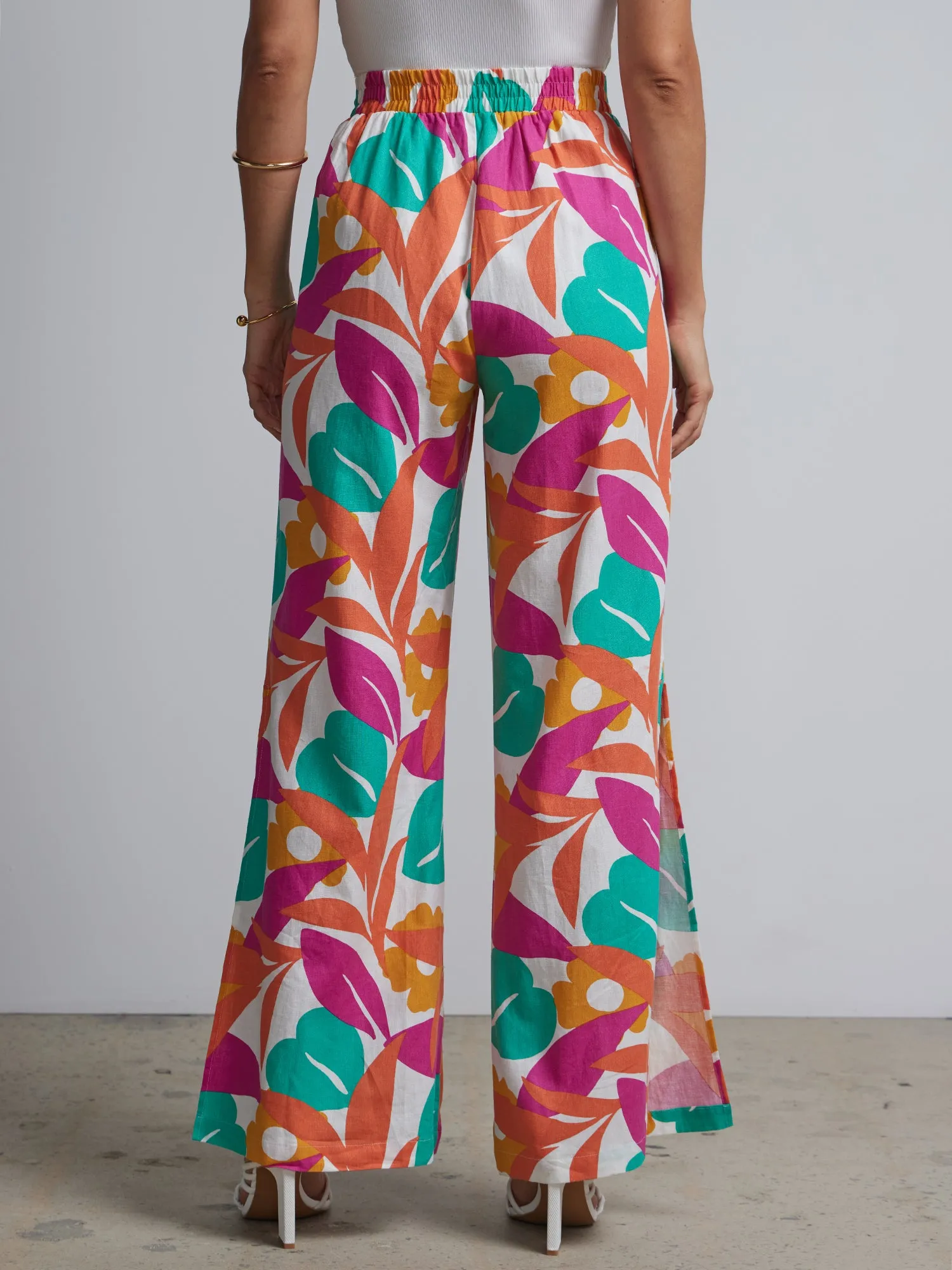 Linen-Blend Abstract-Print Wide-Leg Pant